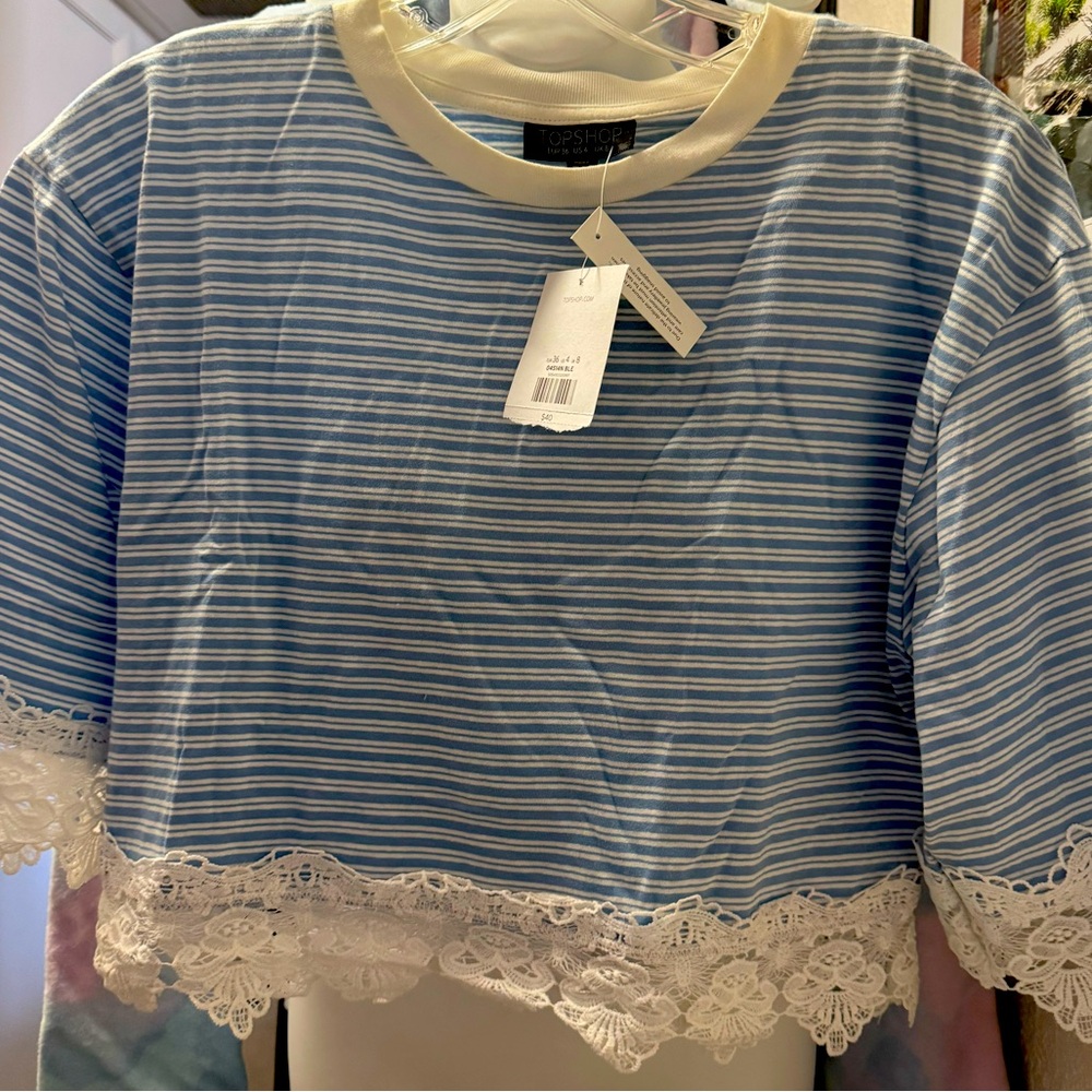 Topshop Blue Striped Women’s crop Tee with Lace Hem — NWT — Size 4